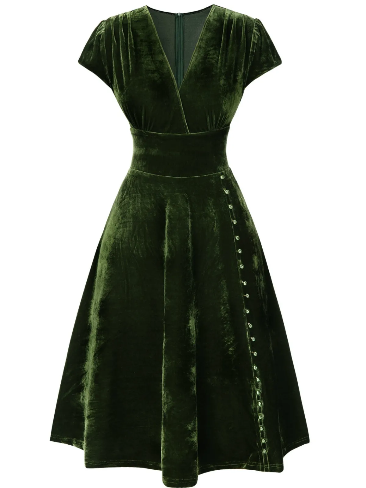 Sale Retro Stage Blue 1940s Deep V-Neck Pearl Velvet Dress