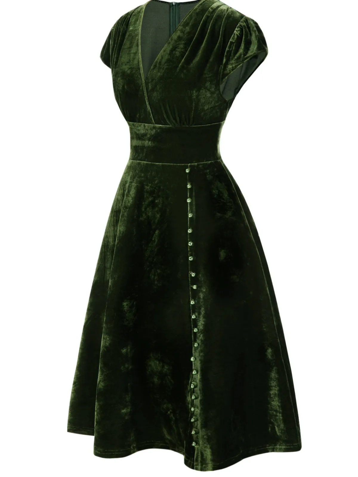 Sale Retro Stage Blue 1940s Deep V-Neck Pearl Velvet Dress