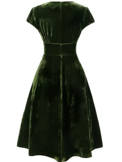 Sale Retro Stage Blue 1940s Deep V-Neck Pearl Velvet Dress