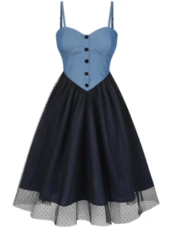 Online Retro Stage 1950s Denim Polka Dot Mesh Patchwork Dress Blue