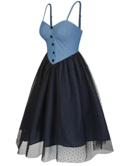 Online Retro Stage 1950s Denim Polka Dot Mesh Patchwork Dress Blue