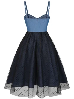 Online Retro Stage 1950s Denim Polka Dot Mesh Patchwork Dress Blue