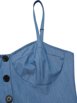 Online Retro Stage 1950s Denim Polka Dot Mesh Patchwork Dress Blue