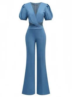 Sale Retro Stage Blue 1970s Denim Puff Sleeve Cut-out Jumpsuit Light Blue
