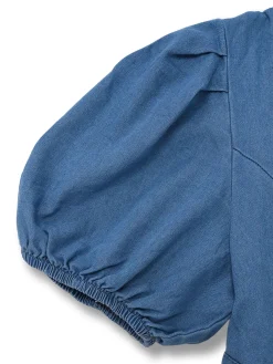 Sale Retro Stage Blue 1970s Denim Puff Sleeve Cut-out Jumpsuit Light Blue