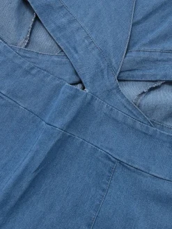 Sale Retro Stage Blue 1970s Denim Puff Sleeve Cut-out Jumpsuit Light Blue