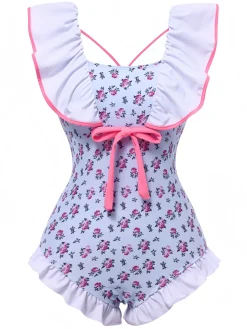 Sale Retro Stage 1950s Ditsy Floral Bow Ruffled Swimsuit Blue