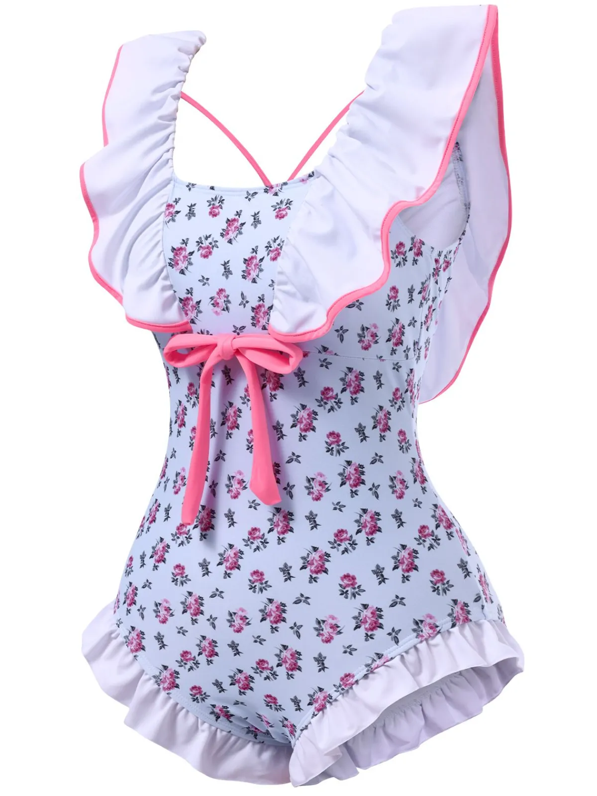 Sale Retro Stage 1950s Ditsy Floral Bow Ruffled Swimsuit Blue