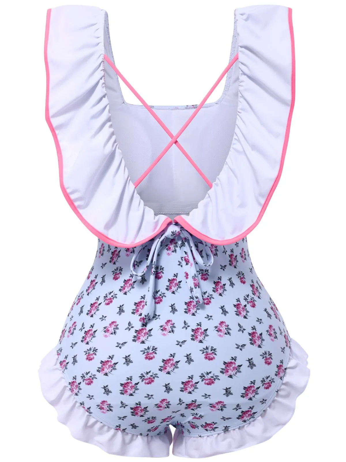 Sale Retro Stage 1950s Ditsy Floral Bow Ruffled Swimsuit Blue