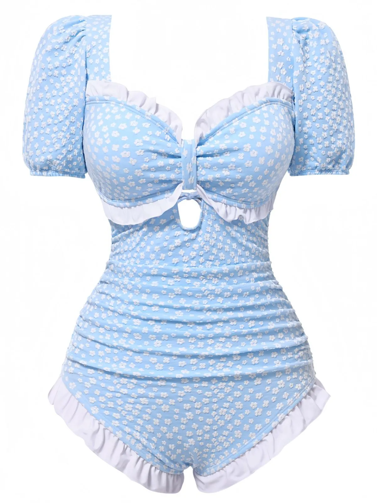 Hot Retro Stage 1940s Ditsy Floral Ruffles One-Piece Swimsuit Blue