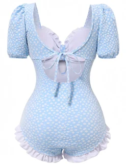 Hot Retro Stage 1940s Ditsy Floral Ruffles One-Piece Swimsuit Blue