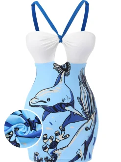 Discount Retro Stage 1940s Dolphin Halter One-piece Swimsuit Blue