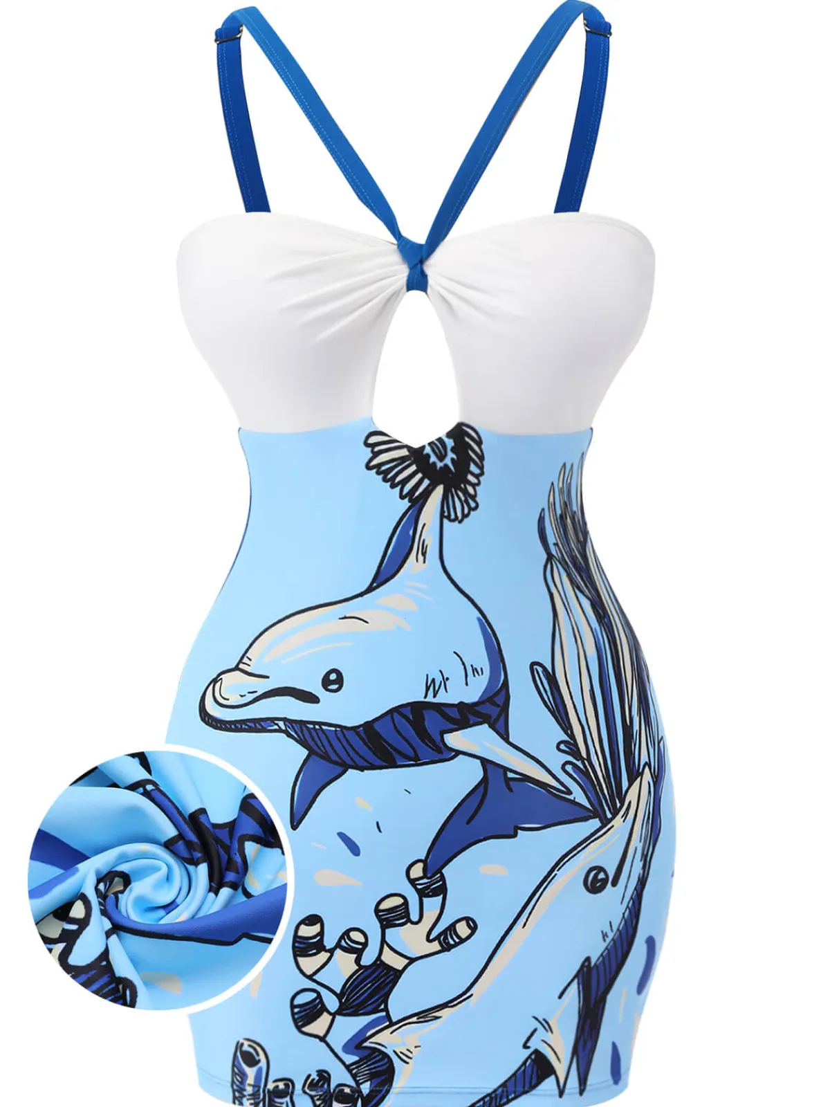 Discount Retro Stage 1940s Dolphin Halter One-piece Swimsuit Blue