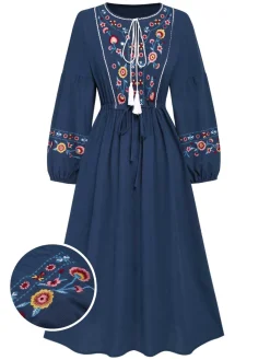 Best Retro Stage Blue 1940s Embroidered Floral Lantern Sleeve Dress