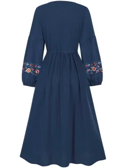 Best Retro Stage Blue 1940s Embroidered Floral Lantern Sleeve Dress
