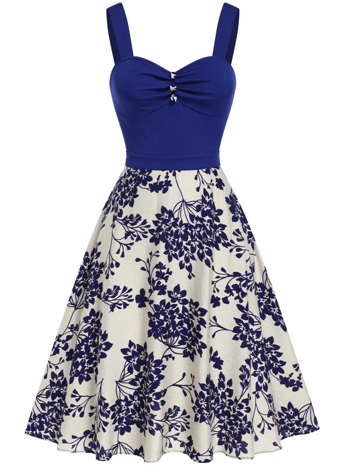 New Retro Stage Blue 1950s Floral Button Sweetheart Neck Dress
