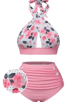 Best Retro Stage Blue 1940s Floral Cross Halter Swimsuit