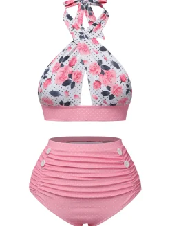 Best Retro Stage Blue 1940s Floral Cross Halter Swimsuit