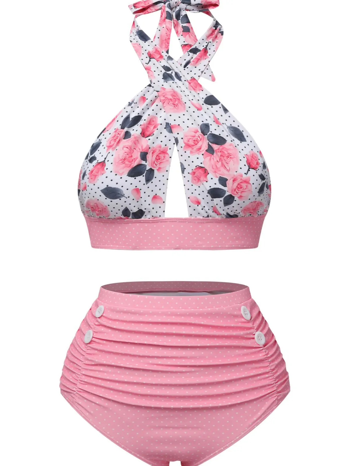 Best Retro Stage Blue 1940s Floral Cross Halter Swimsuit