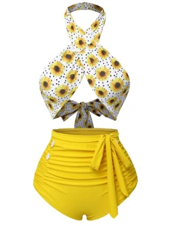 Best Retro Stage Blue 1940s Floral Cross Halter Swimsuit