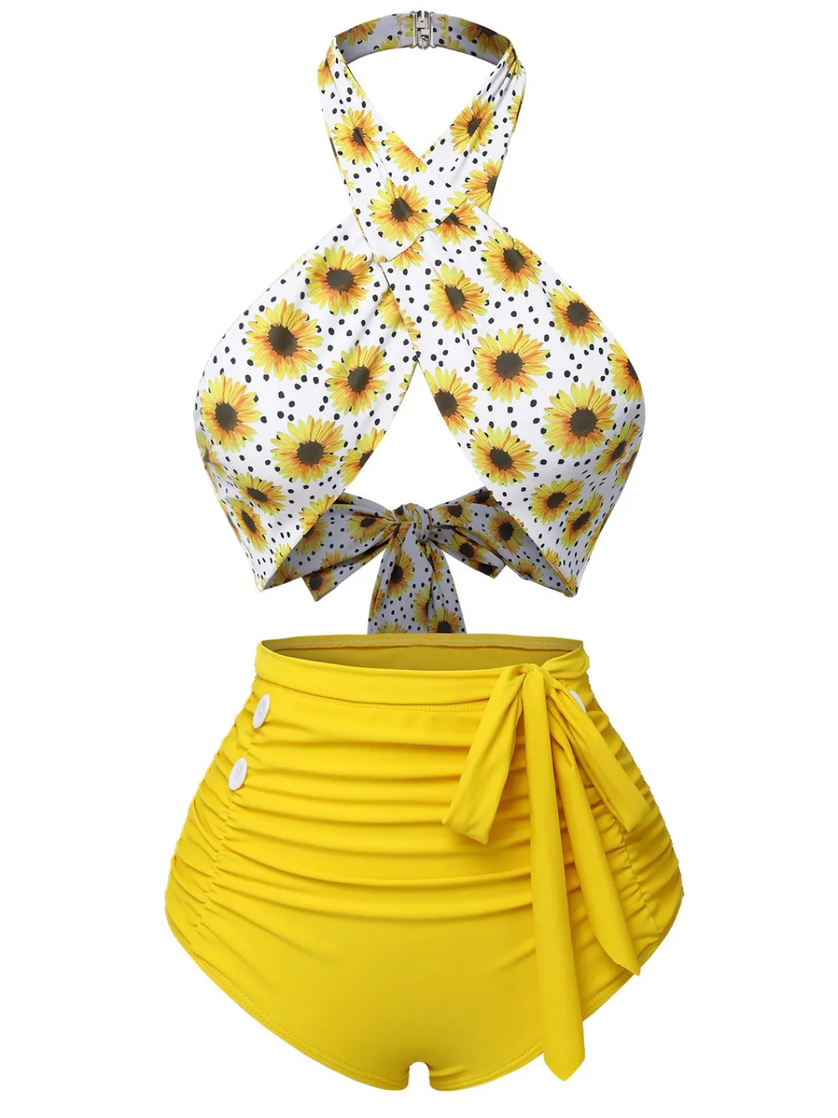 Best Retro Stage Blue 1940s Floral Cross Halter Swimsuit