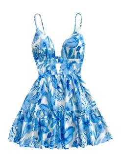 Online Retro Stage Blue 1960s Floral Cut-Out V-Neck Dress Sky Blue