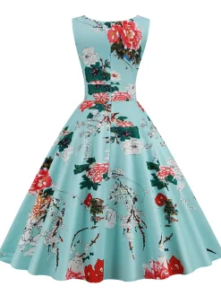 Clearance Retro Stage 1950s Floral Heart Collar Swing Dress Blue