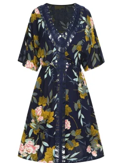 Discount Retro Stage Blue 1950s Floral Hollow Cover-Up