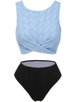Sale Retro Stage Blue 1950s Floral Jacquard Tank Bikini Set Light Blue
