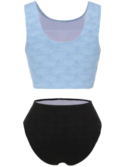 Sale Retro Stage Blue 1950s Floral Jacquard Tank Bikini Set Light Blue