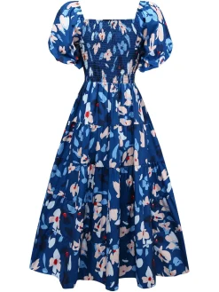 Outlet Retro Stage 1940s Floral Puff Sleeves Off-Shoulder Dress Blue