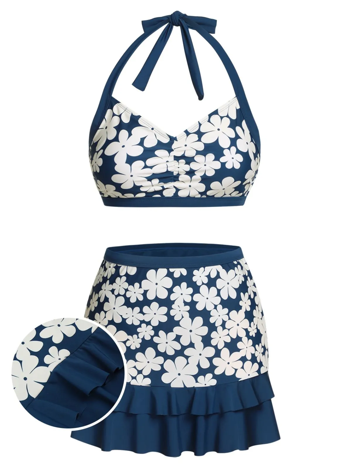 Best Retro Stage Blue 1940s Floral Ruffles Halter Swimsuit Navy Blue