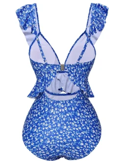 Best Retro Stage 1950s Floral Ruffles One-Piece Swimsuit Blue