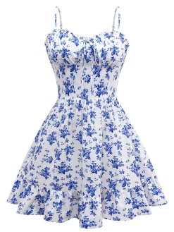 Outlet Retro Stage 1950s Floral Spaghetti Strap Dress Blue