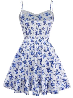 Outlet Retro Stage 1950s Floral Spaghetti Strap Dress Blue