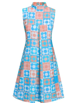 Best Retro Stage Blue 1960s Floral Stand Collar Dress