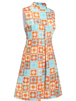 Best Retro Stage Blue 1960s Floral Stand Collar Dress