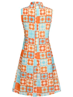 Best Retro Stage Blue 1960s Floral Stand Collar Dress