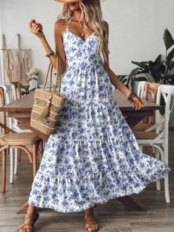 Best Retro Stage 1930s Floral Tie Back Tiered Maxi Dress Blue