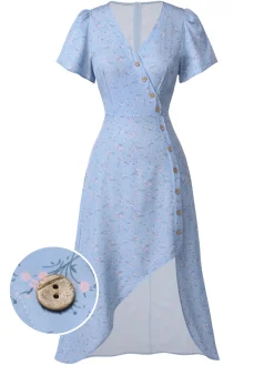 Clearance Retro Stage Blue 1940s Floral V-Neck Added Button Dress