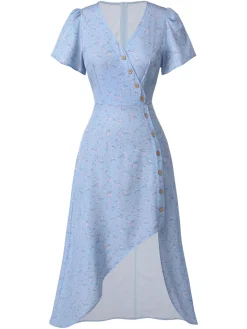 Clearance Retro Stage Blue 1940s Floral V-Neck Added Button Dress