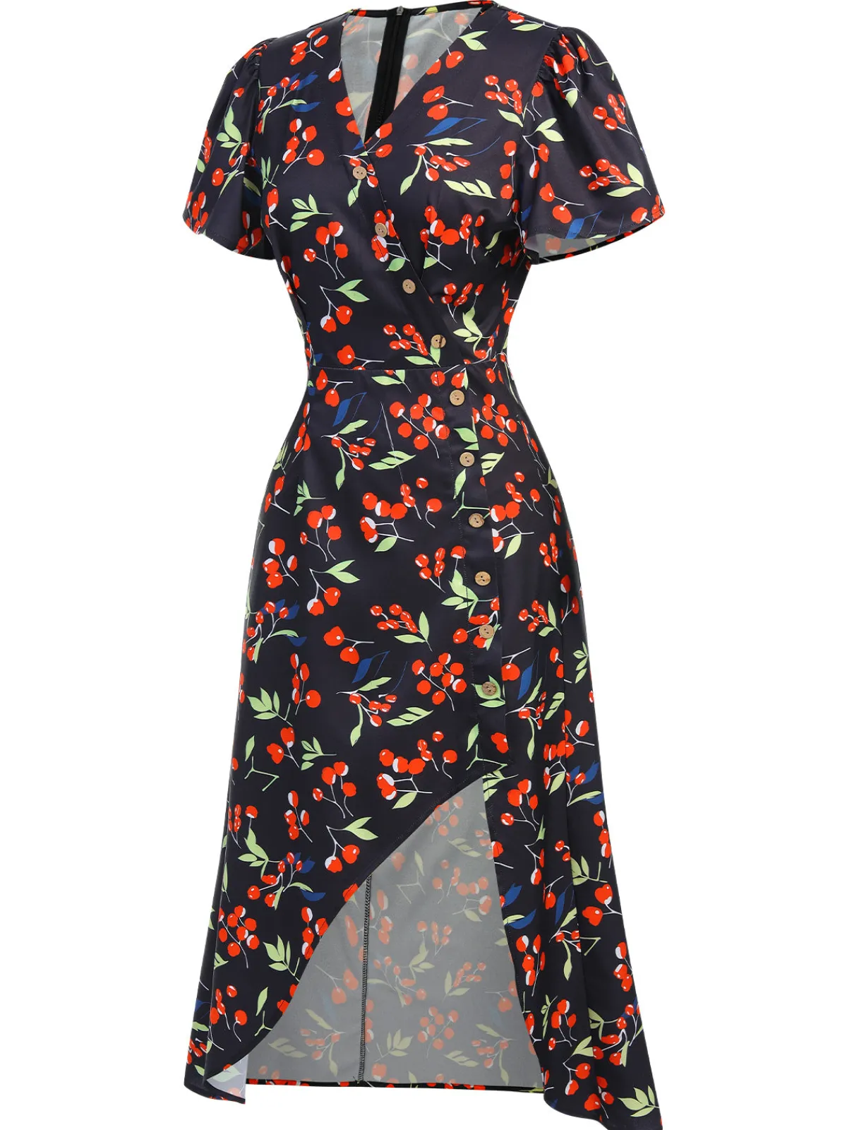 Clearance Retro Stage Blue 1940s Floral V-Neck Added Button Dress