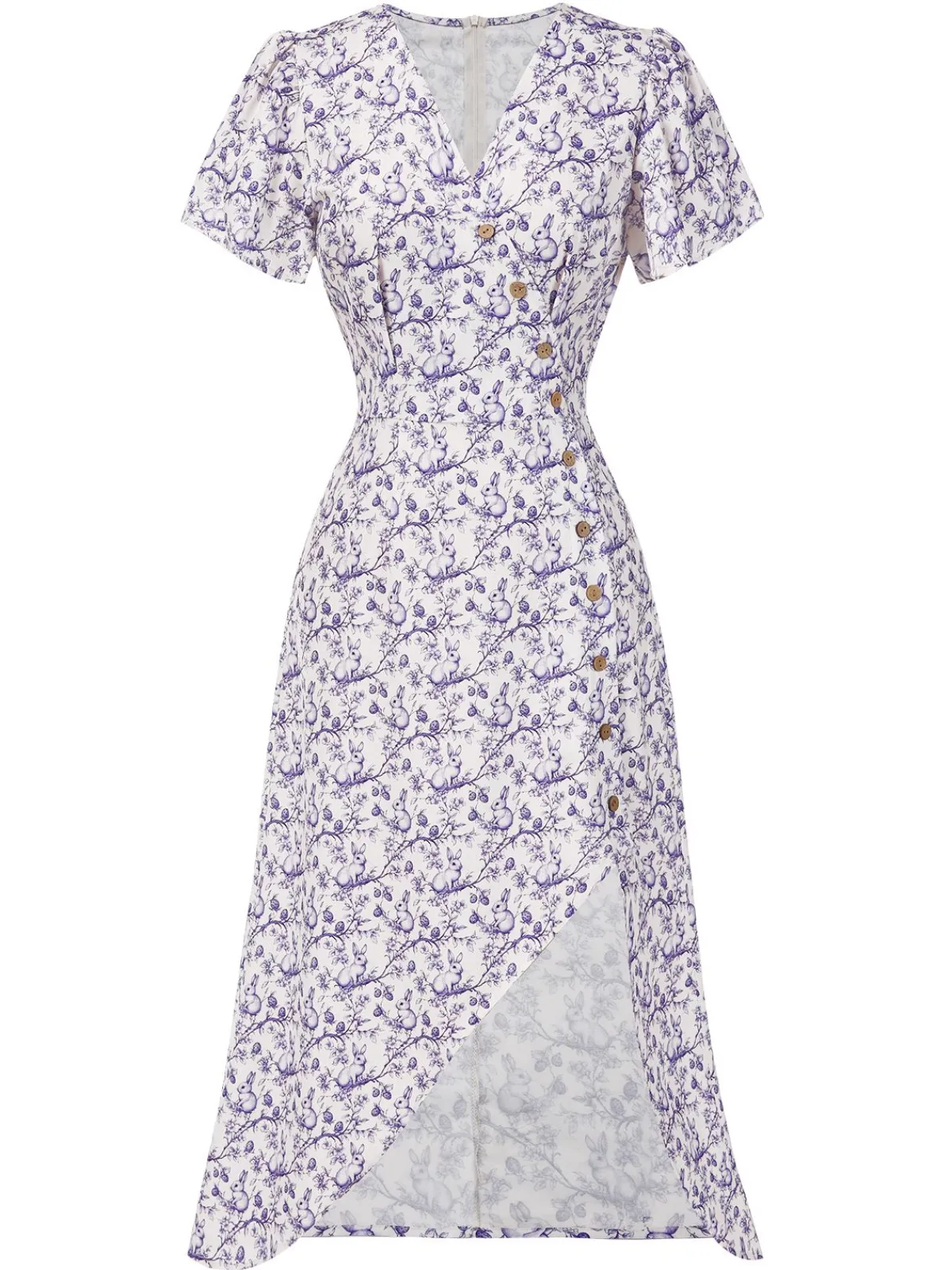 Clearance Retro Stage Blue 1940s Floral V-Neck Added Button Dress
