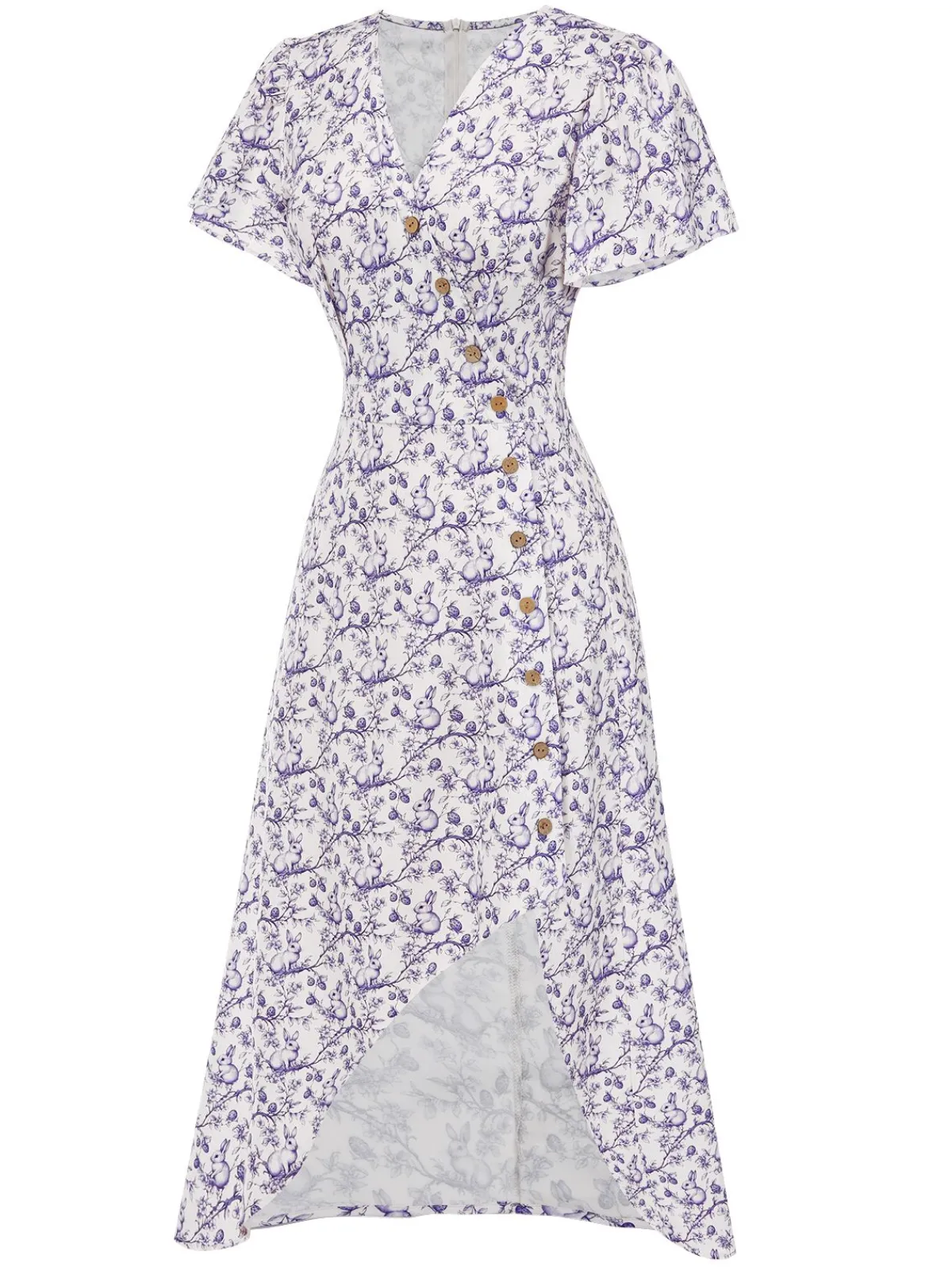 Clearance Retro Stage Blue 1940s Floral V-Neck Added Button Dress