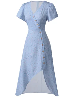 Clearance Retro Stage Blue 1940s Floral V-Neck Added Button Dress