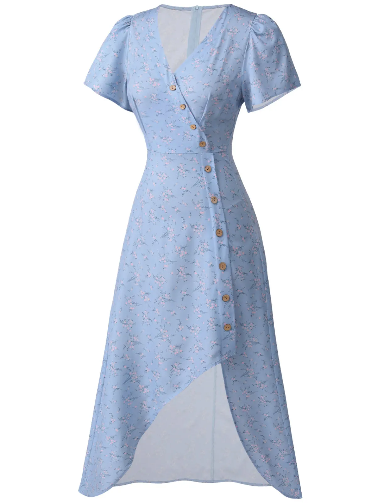 Clearance Retro Stage Blue 1940s Floral V-Neck Added Button Dress