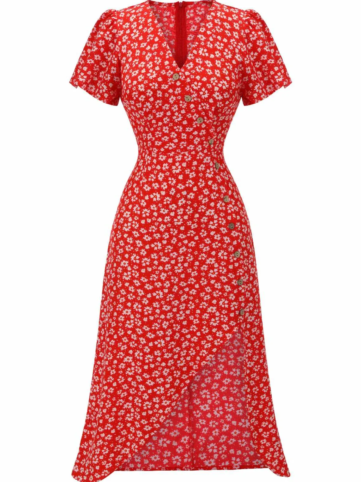 Clearance Retro Stage Blue 1940s Floral V-Neck Added Button Dress