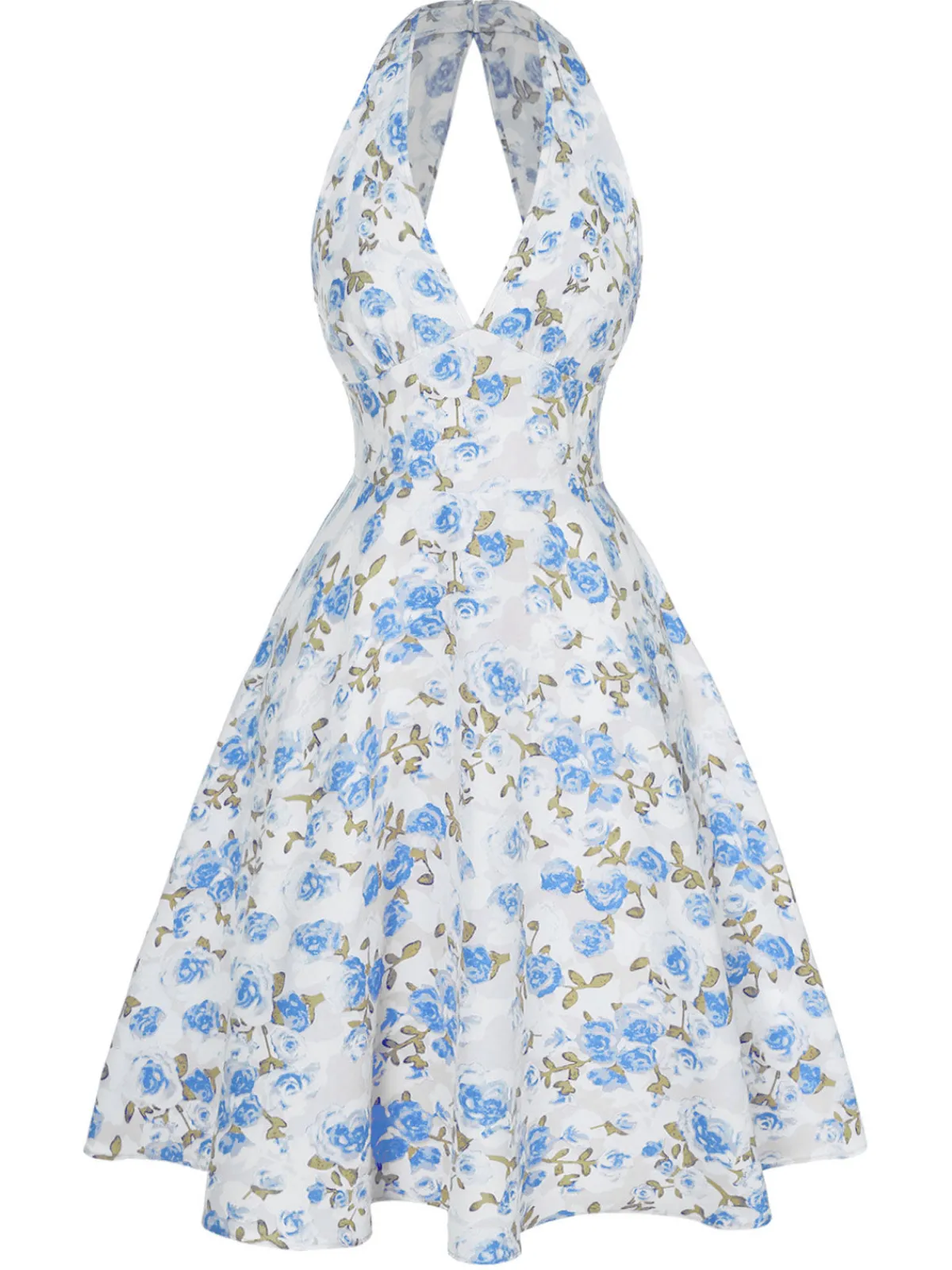 Clearance Retro Stage Blue 1950s Floral V-Neck Dress