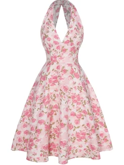 Clearance Retro Stage Blue 1950s Floral V-Neck Dress