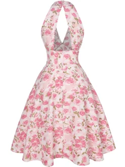 Clearance Retro Stage Blue 1950s Floral V-Neck Dress